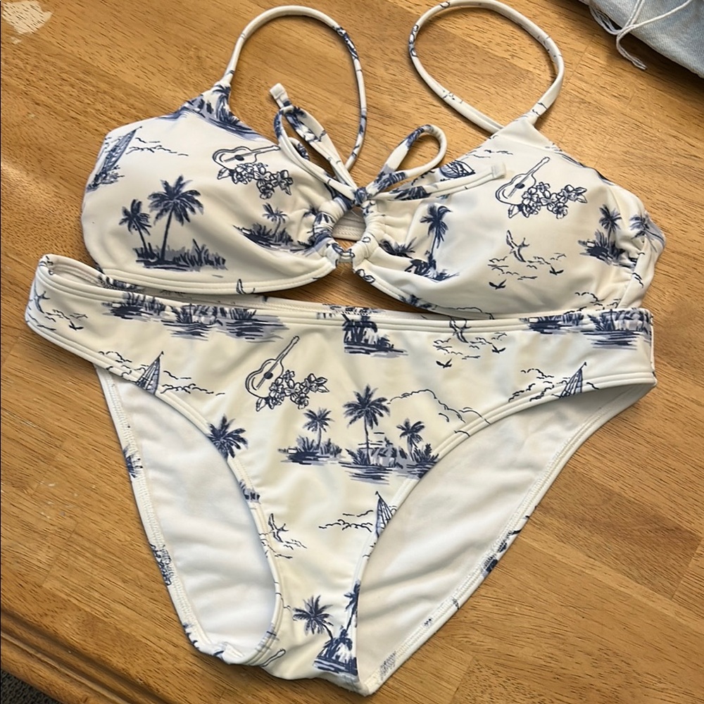 Hollister Cream and Blue One Piece Swimsuit Tropical Print